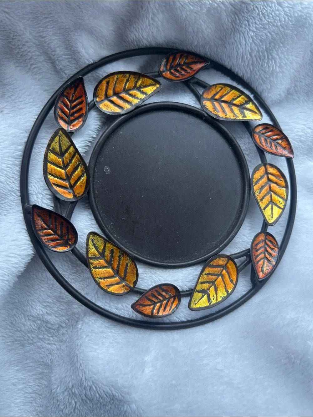 Decorative Metal candle holder Plate with Autumn Leaf Accents - Black and Gold